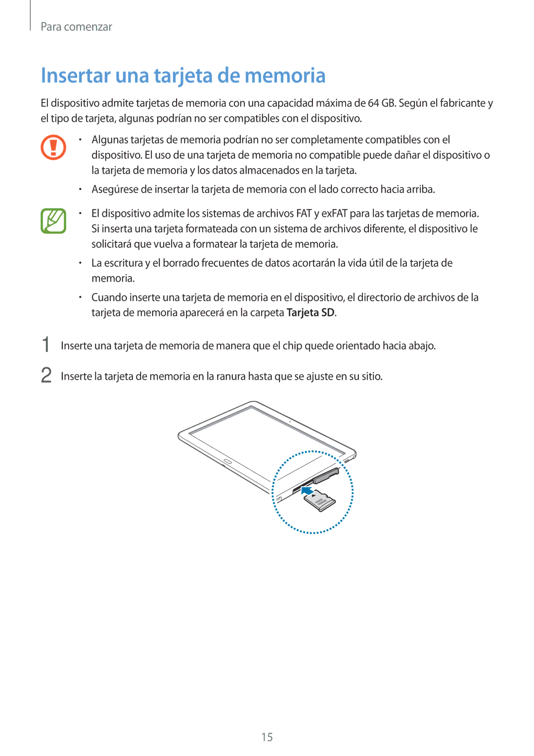 Samsung SM-P6050ZKEPHE, SM-P6050ZKATMN, SM-P6050ZWATPH, SM-P6050ZKADBT, SM-P6050ZKAPHE manual Insertar una tarjeta de memoria 