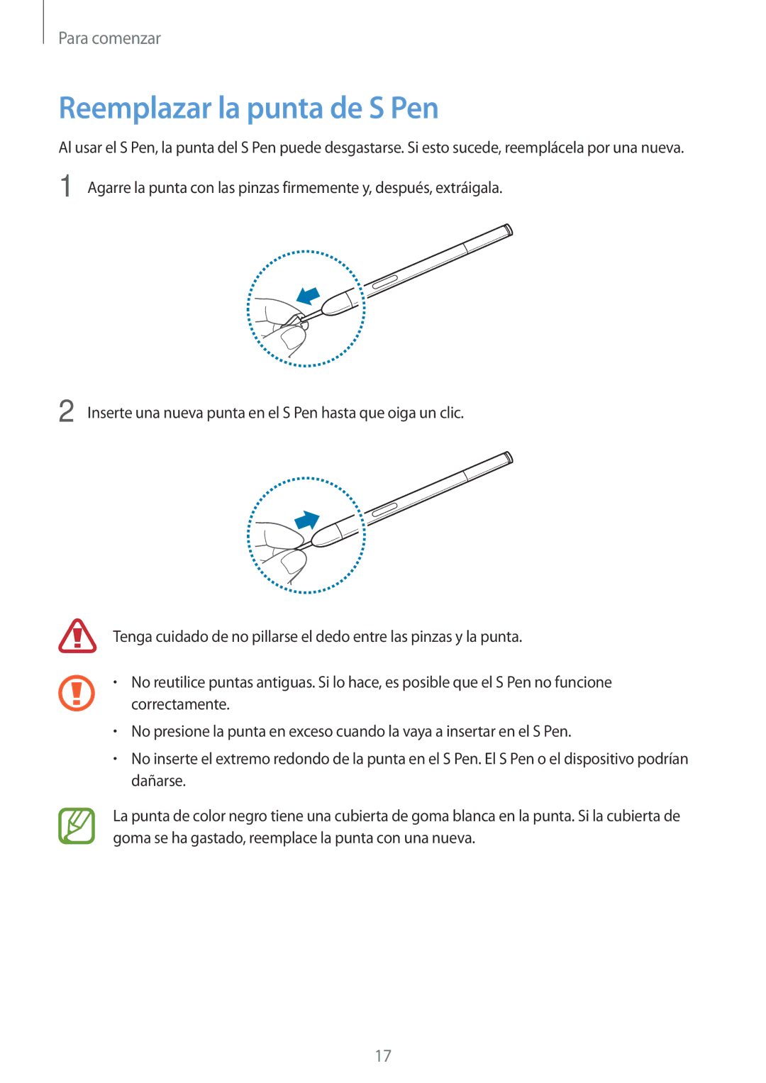 Samsung SM-P6050ZWATPH, SM-P6050ZKATMN, SM-P6050ZKADBT, SM-P6050ZKAPHE, SM-P6050ZWAROM manual Reemplazar la punta de S Pen 