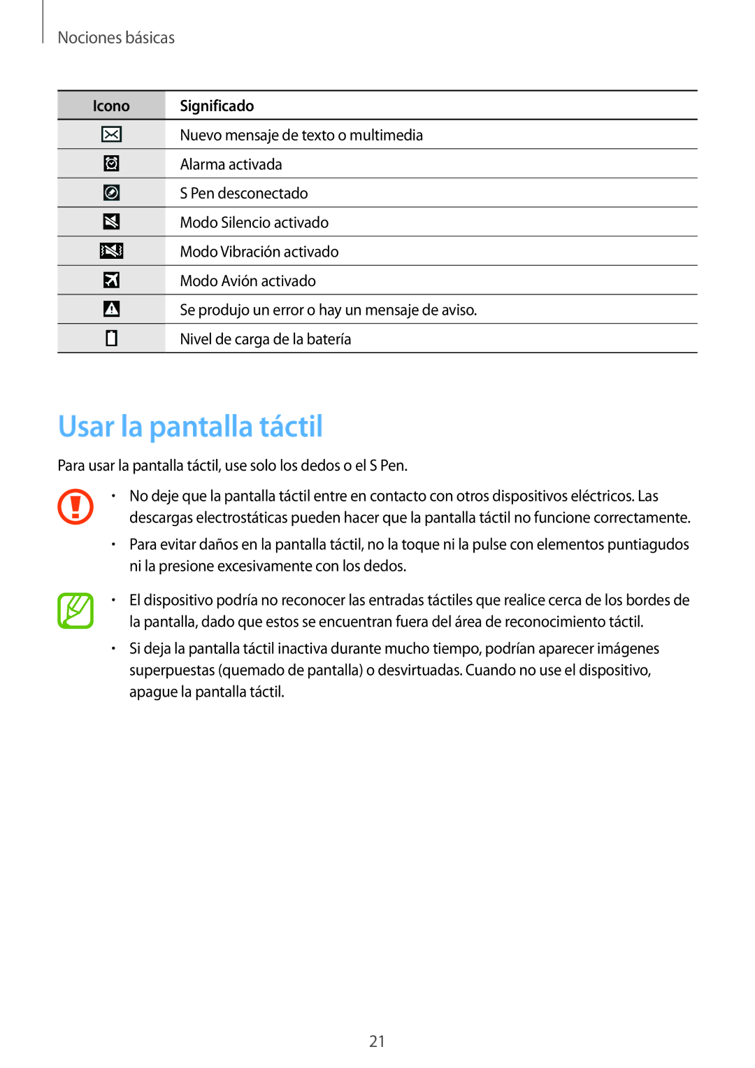 Samsung SM-P6050ZWEPHE, SM-P6050ZKATMN, SM-P6050ZWATPH, SM-P6050ZKADBT manual Usar la pantalla táctil, Nociones básicas 