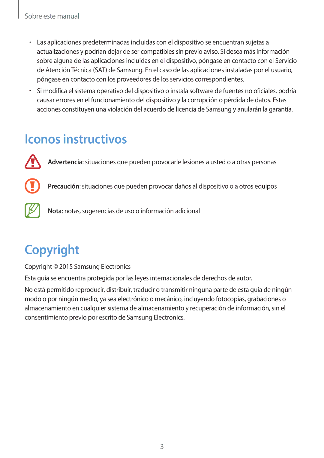 Samsung SM-P6050ZKAPHE, SM-P6050ZKATMN, SM-P6050ZWATPH, SM-P6050ZKADBT, SM-P6050ZWAROM manual Iconos instructivos, Copyright 