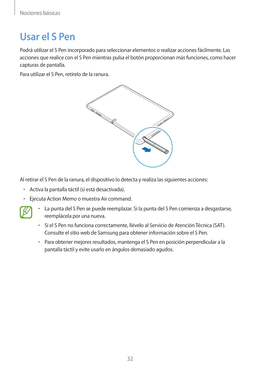 Samsung SM-P6050ZKATMN, SM-P6050ZWATPH, SM-P6050ZKADBT, SM-P6050ZKAPHE, SM-P6050ZWAROM, SM-P6050ZWEPHE manual Usar el S Pen 