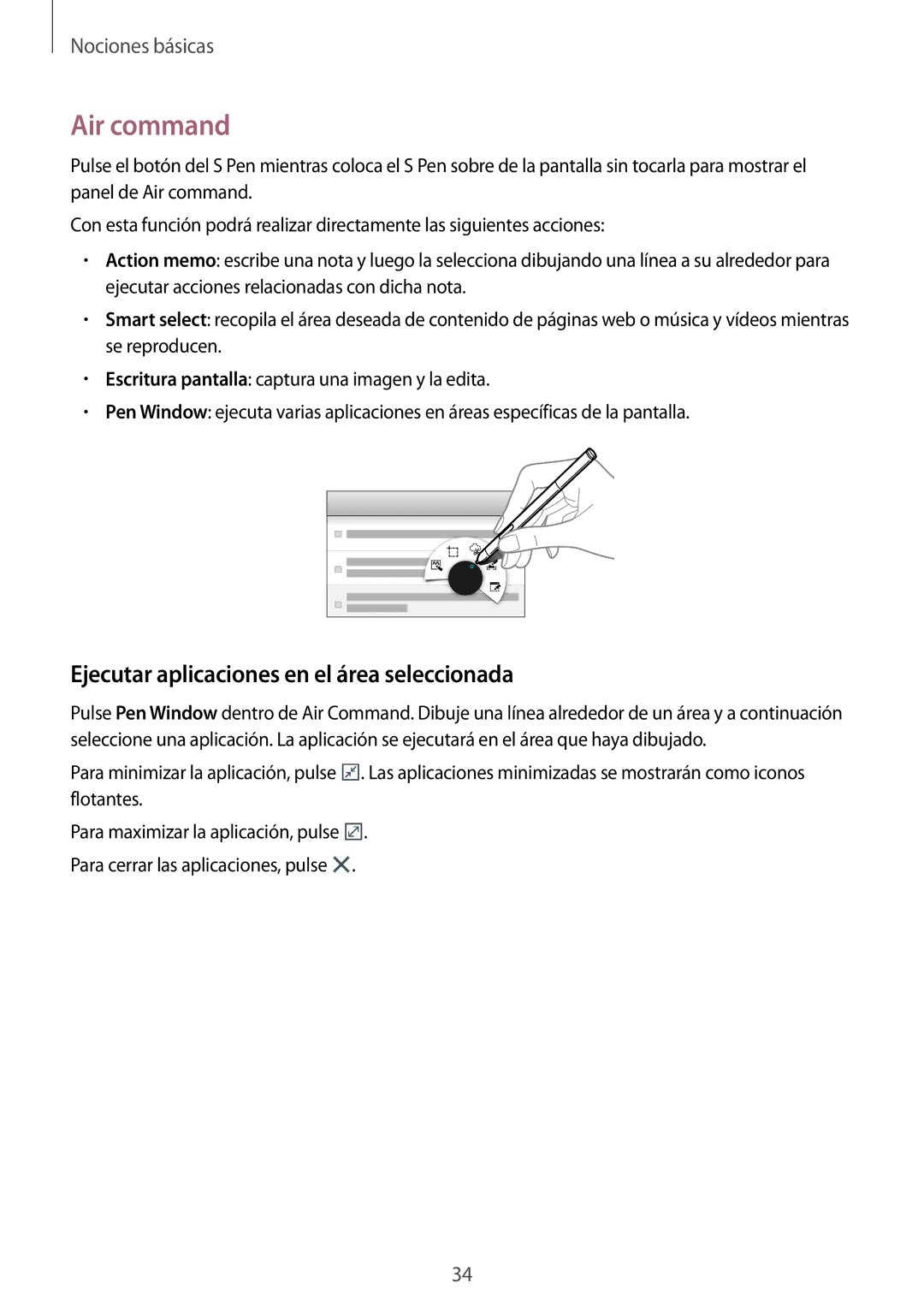 Samsung SM-P6050ZKADBT, SM-P6050ZKATMN, SM-P6050ZWATPH manual Air command, Ejecutar aplicaciones en el área seleccionada 