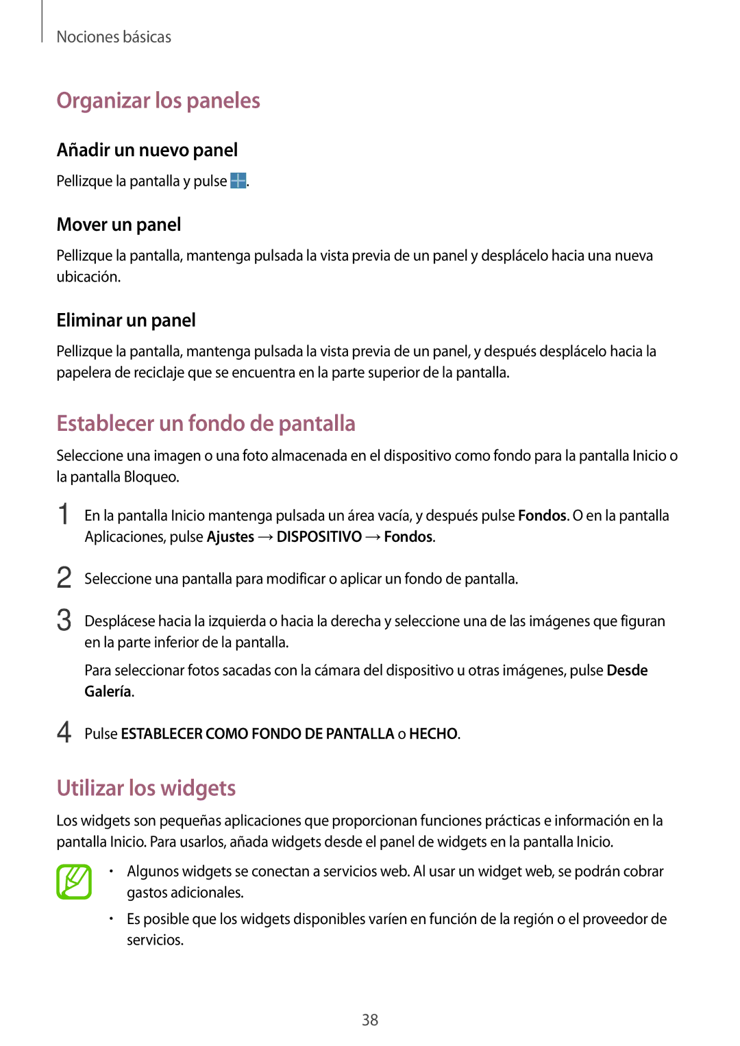 Samsung SM-P6050ZKAXEO, SM-P6050ZKATMN manual Organizar los paneles, Establecer un fondo de pantalla, Utilizar los widgets 