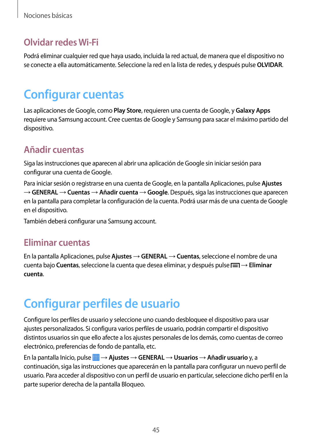 Samsung SM-P6050ZWEPHE manual Configurar cuentas, Configurar perfiles de usuario, Olvidar redes Wi-Fi, Añadir cuentas 