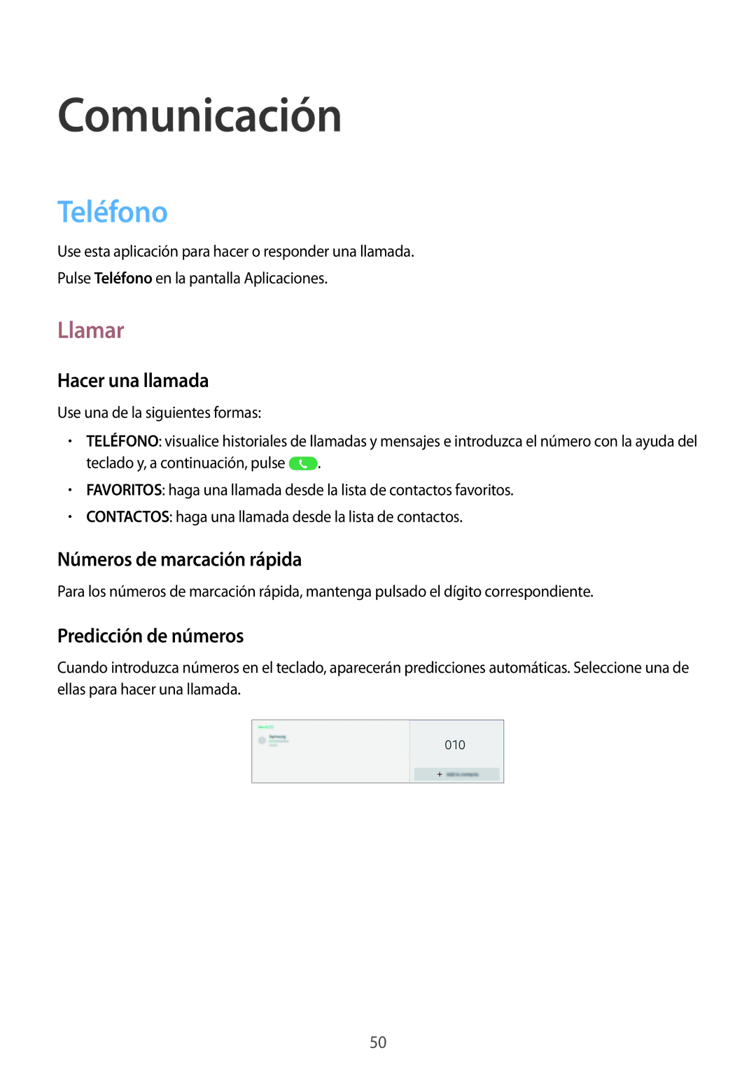 Samsung SM-P6050ZKADBT manual Teléfono, Llamar, Hacer una llamada, Números de marcación rápida, Predicción de números 