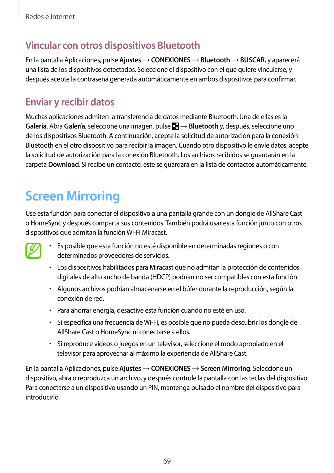 Samsung SM-P6050ZWEPHE, SM-P6050ZKATMN Screen Mirroring, Vincular con otros dispositivos Bluetooth, Enviar y recibir datos 