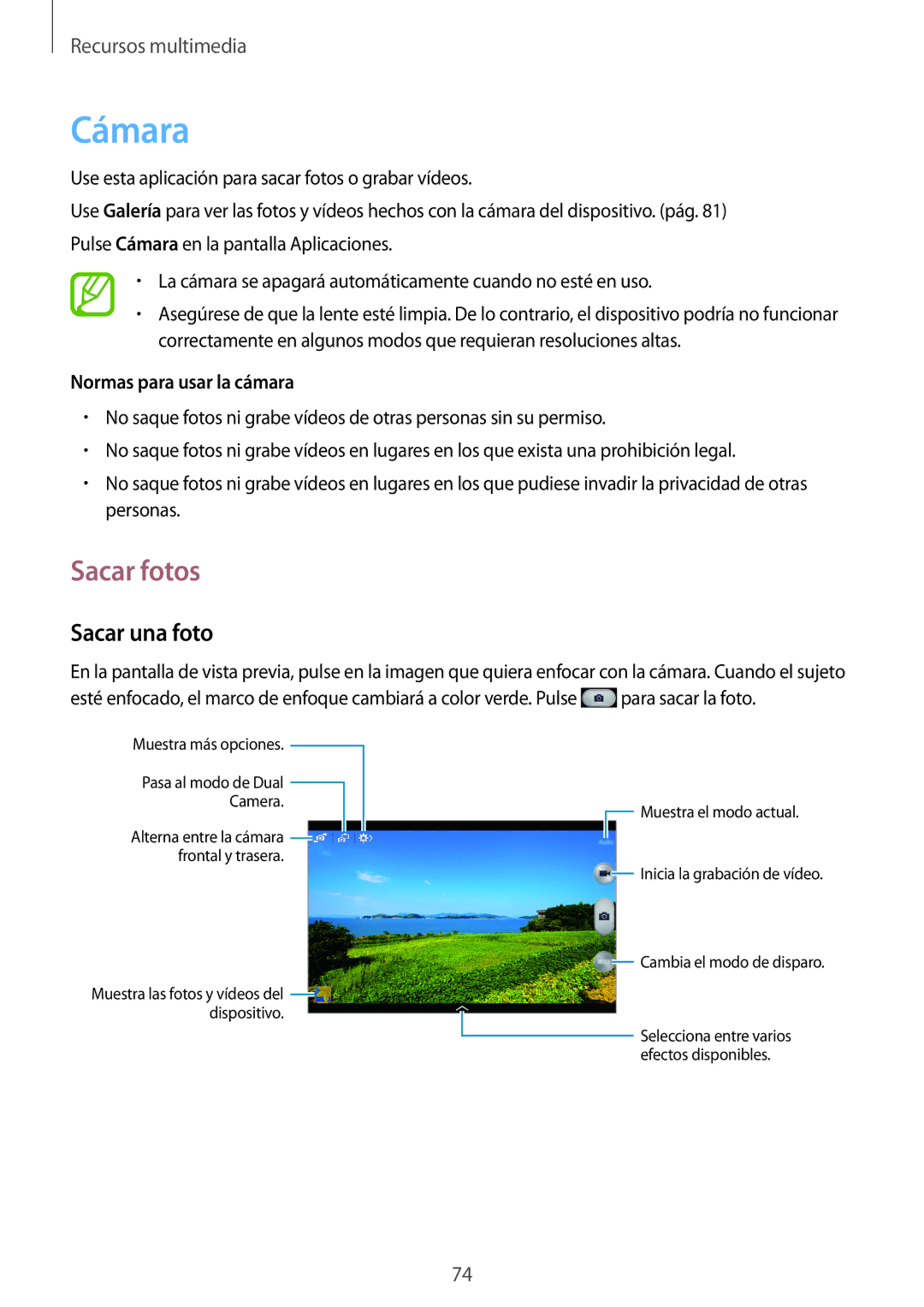 Samsung SM-P6050ZKADBT, SM-P6050ZKATMN, SM-P6050ZWATPH manual Cámara, Sacar fotos, Sacar una foto, Normas para usar la cámara 