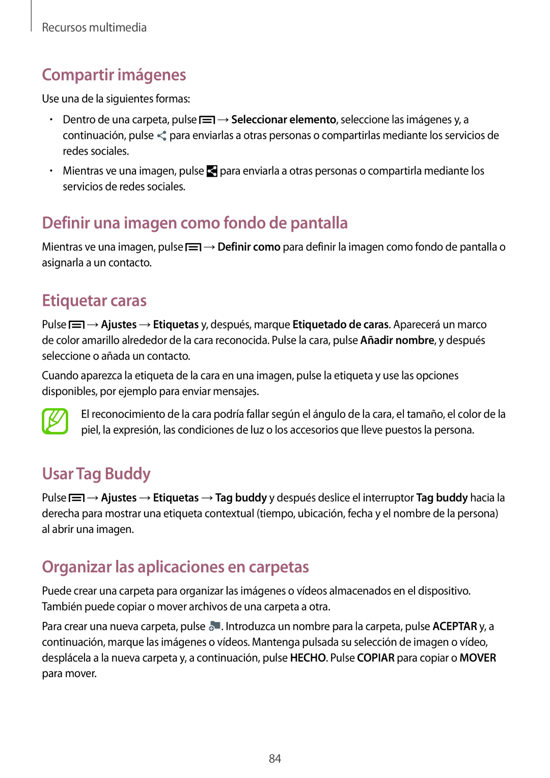 Samsung SM-P6050ZWAROM Compartir imágenes, Definir una imagen como fondo de pantalla, Etiquetar caras, Usar Tag Buddy 