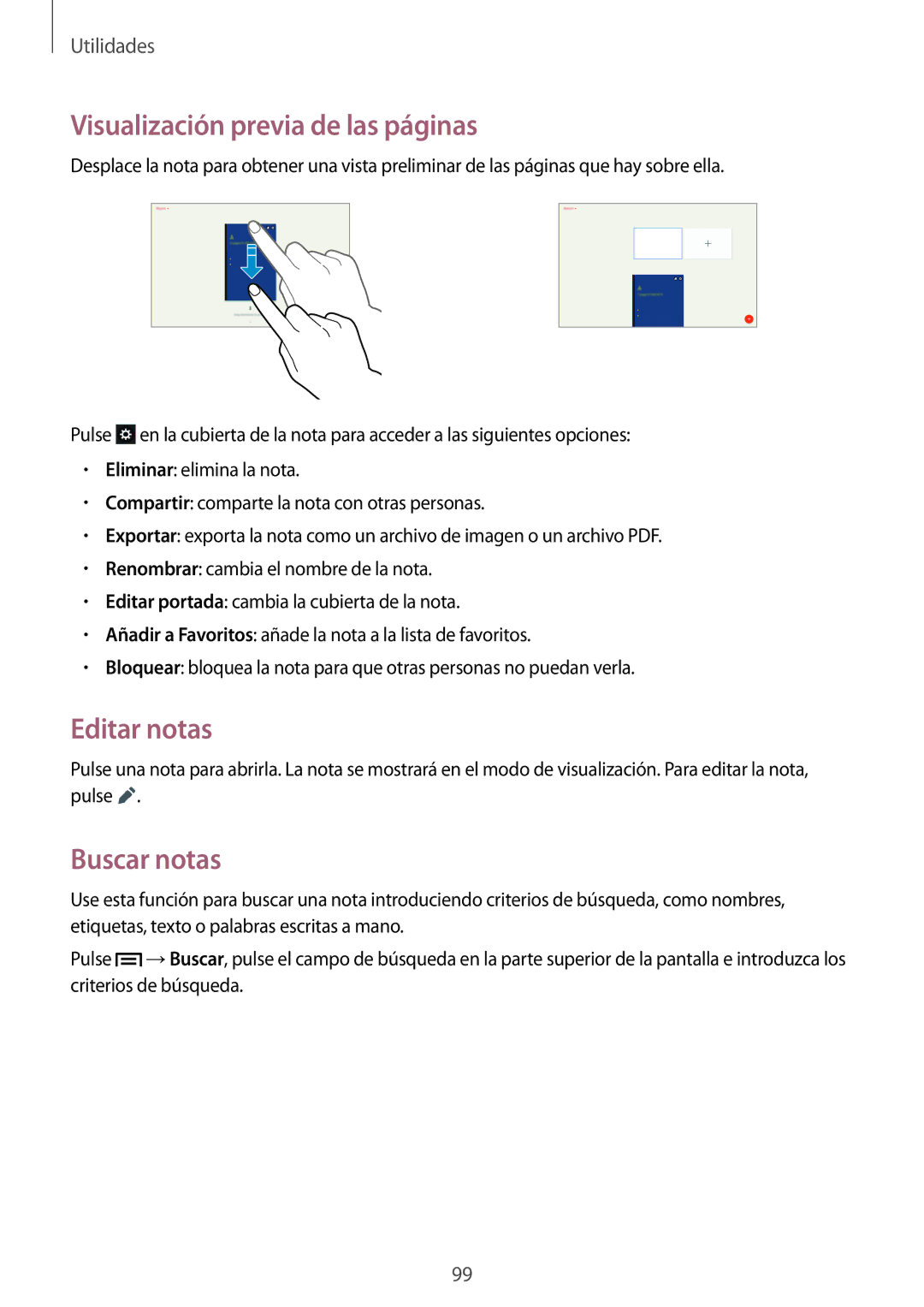 Samsung SM-P6050ZKAPHE, SM-P6050ZKATMN, SM-P6050ZWATPH manual Visualización previa de las páginas, Editar notas, Buscar notas 