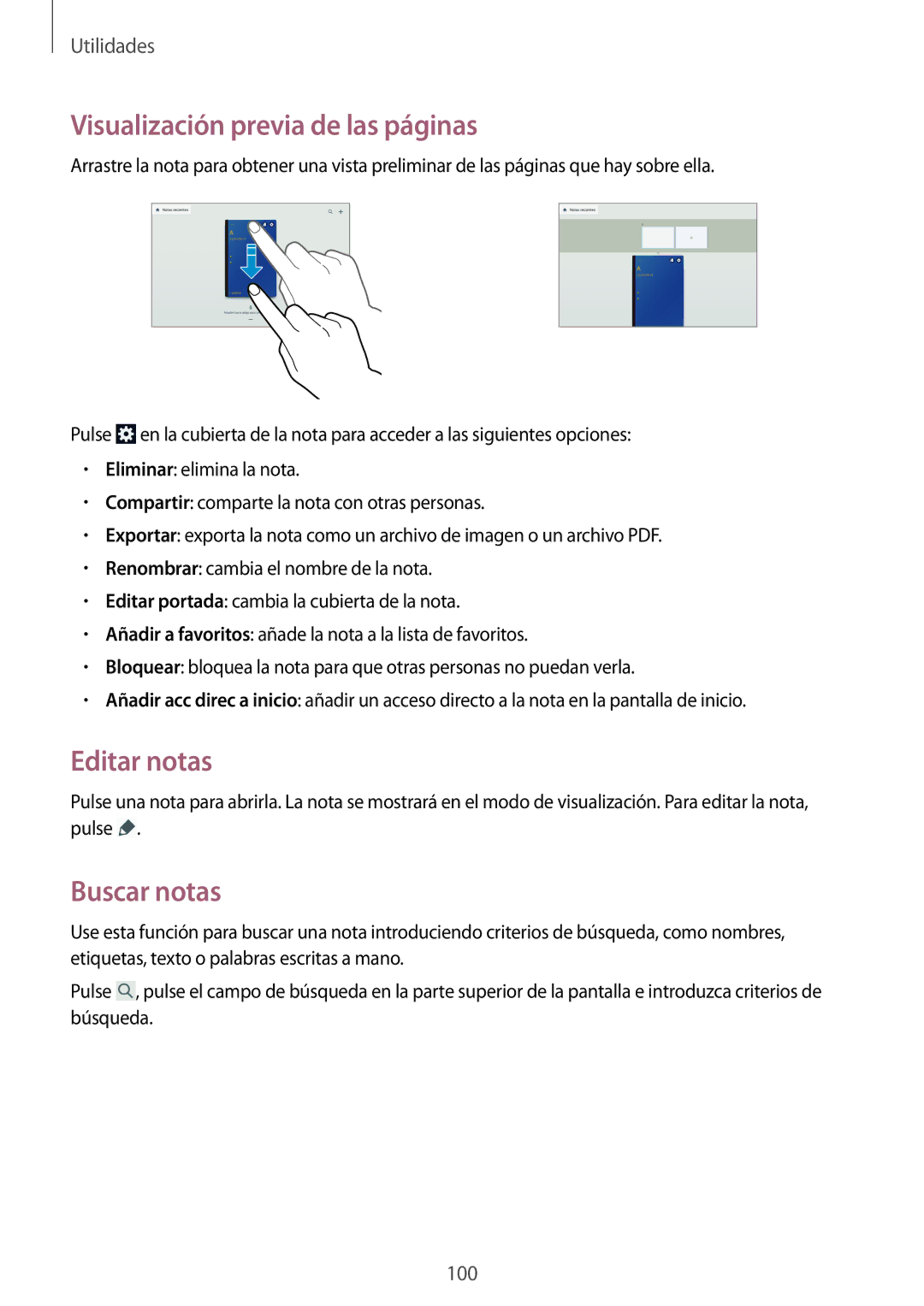 Samsung SM-P6050ZWAROM, SM-P6050ZKATMN, SM-P6050ZWATPH manual Visualización previa de las páginas, Editar notas, Buscar notas 