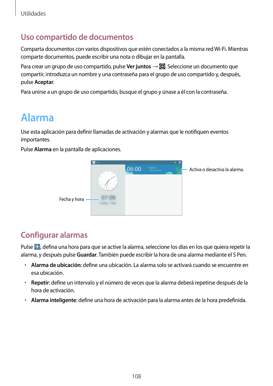 Samsung SM-P6050ZWAROM, SM-P6050ZKATMN, SM-P6050ZWATPH manual Alarma, Uso compartido de documentos, Configurar alarmas 