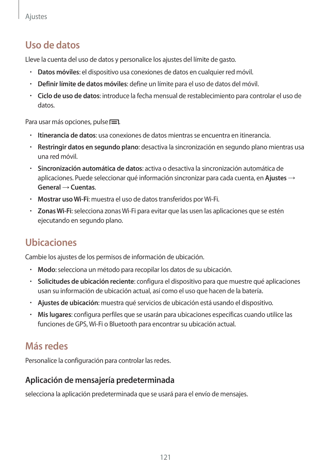 Samsung SM-P6050ZWATPH, SM-P6050ZKATMN manual Uso de datos, Ubicaciones, Más redes, Aplicación de mensajería predeterminada 