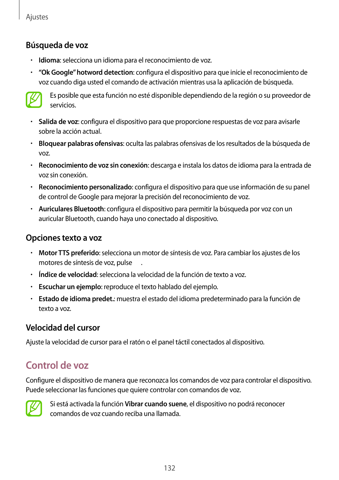 Samsung SM-P6050ZWAROM, SM-P6050ZKATMN manual Control de voz, Búsqueda de voz, Opciones texto a voz, Velocidad del cursor 