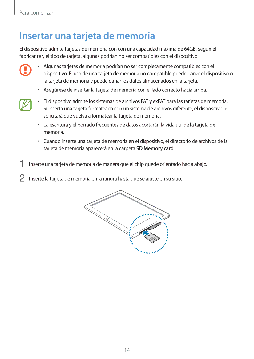 Samsung SM-P6050ZKAXEO, SM-P6050ZKATMN, SM-P6050ZWATPH, SM-P6050ZKADBT, SM-P6050ZKAPHE manual Insertar una tarjeta de memoria 