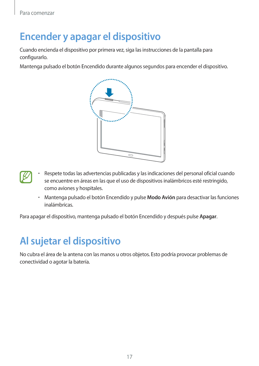 Samsung SM-P6050ZWATPH, SM-P6050ZKATMN, SM-P6050ZKADBT manual Encender y apagar el dispositivo, Al sujetar el dispositivo 