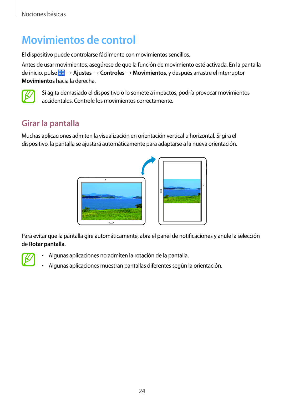 Samsung SM-P6050ZKATMN, SM-P6050ZWATPH, SM-P6050ZKADBT, SM-P6050ZKAPHE manual Movimientos de control, Girar la pantalla 