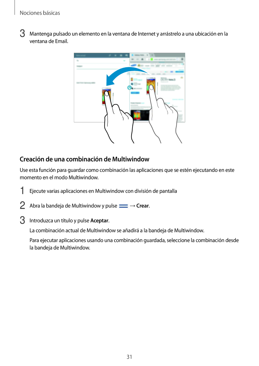 Samsung SM-P6050ZKEPHE, SM-P6050ZKATMN, SM-P6050ZWATPH, SM-P6050ZKADBT manual Creación de una combinación de Multiwindow 