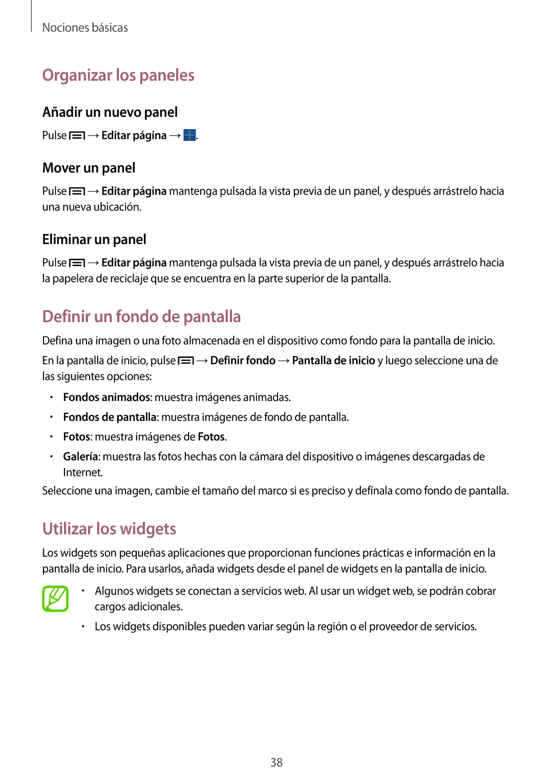 Samsung SM-P6050ZKAXEO, SM-P6050ZKATMN manual Organizar los paneles, Definir un fondo de pantalla, Utilizar los widgets 