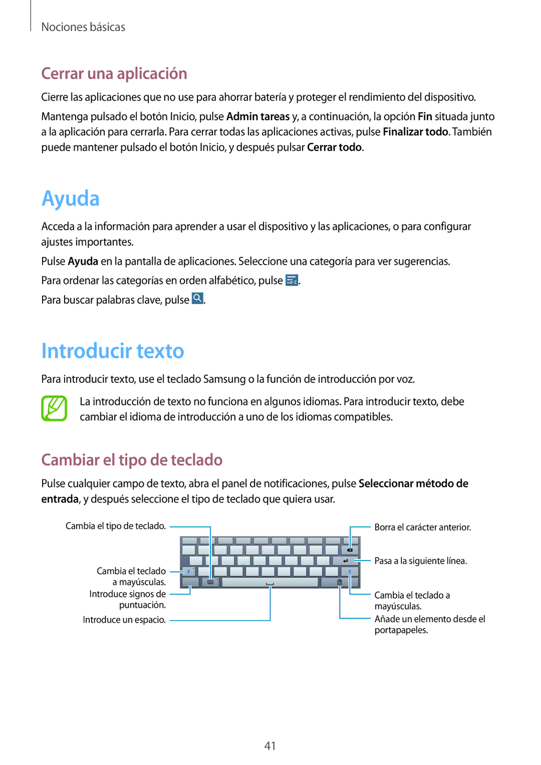 Samsung SM-P6050ZWATPH, SM-P6050ZKATMN manual Ayuda, Introducir texto, Cerrar una aplicación, Cambiar el tipo de teclado 