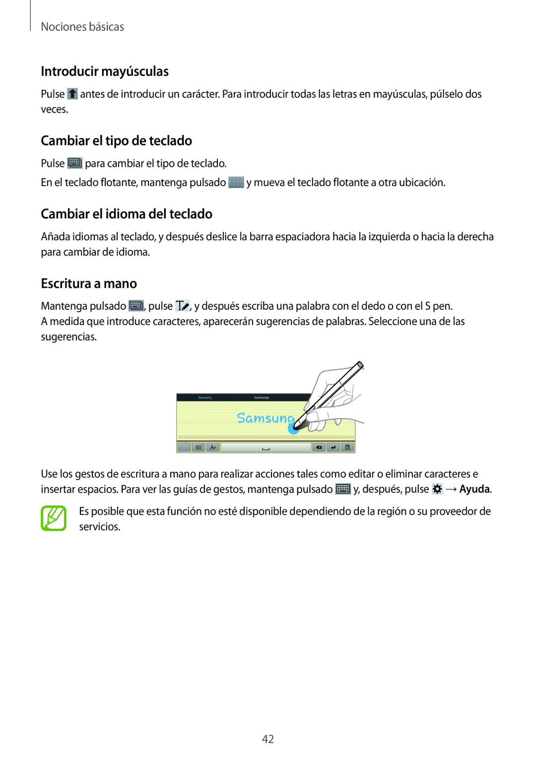 Samsung SM-P6050ZKADBT Introducir mayúsculas, Cambiar el tipo de teclado, Cambiar el idioma del teclado, Escritura a mano 