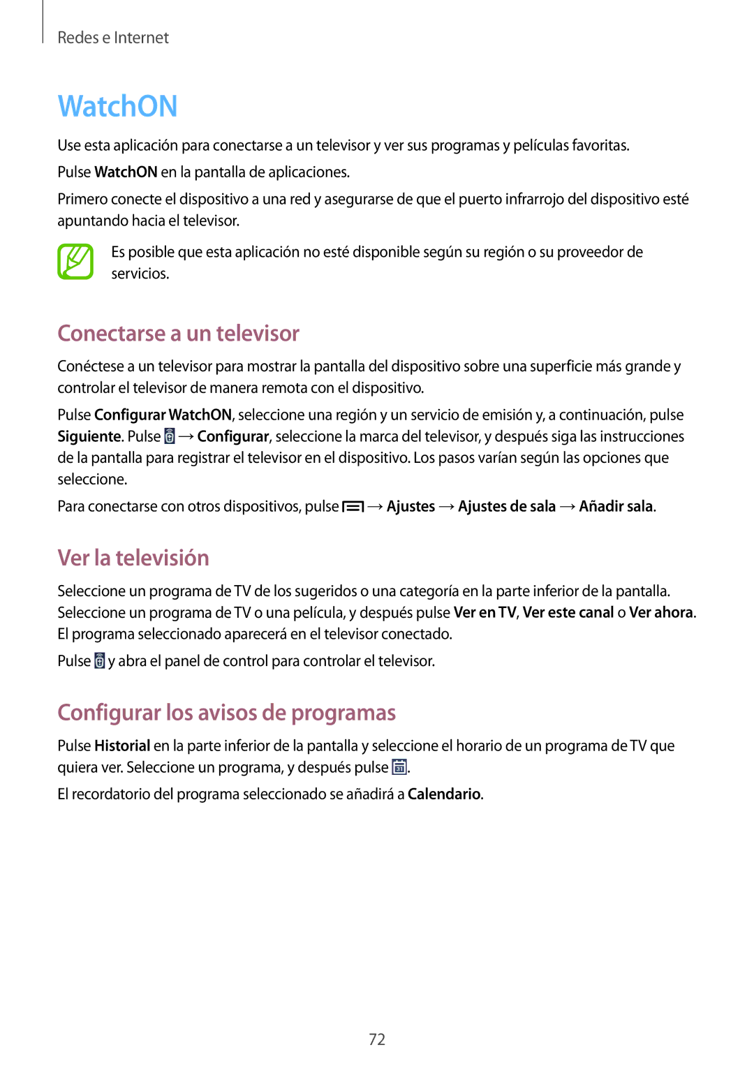 Samsung SM-P6050ZKATMN manual WatchON, Conectarse a un televisor, Ver la televisión, Configurar los avisos de programas 