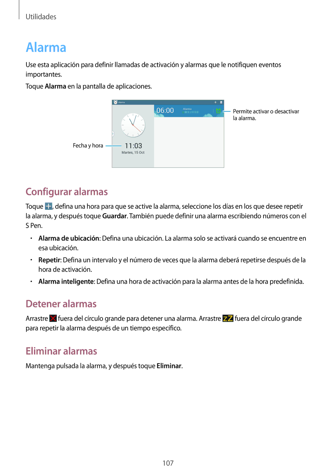 Samsung SM-P6050ZKAPHE, SM-P6050ZKATMN, SM-P6050ZWATPH manual Alarma, Configurar alarmas, Detener alarmas, Eliminar alarmas 