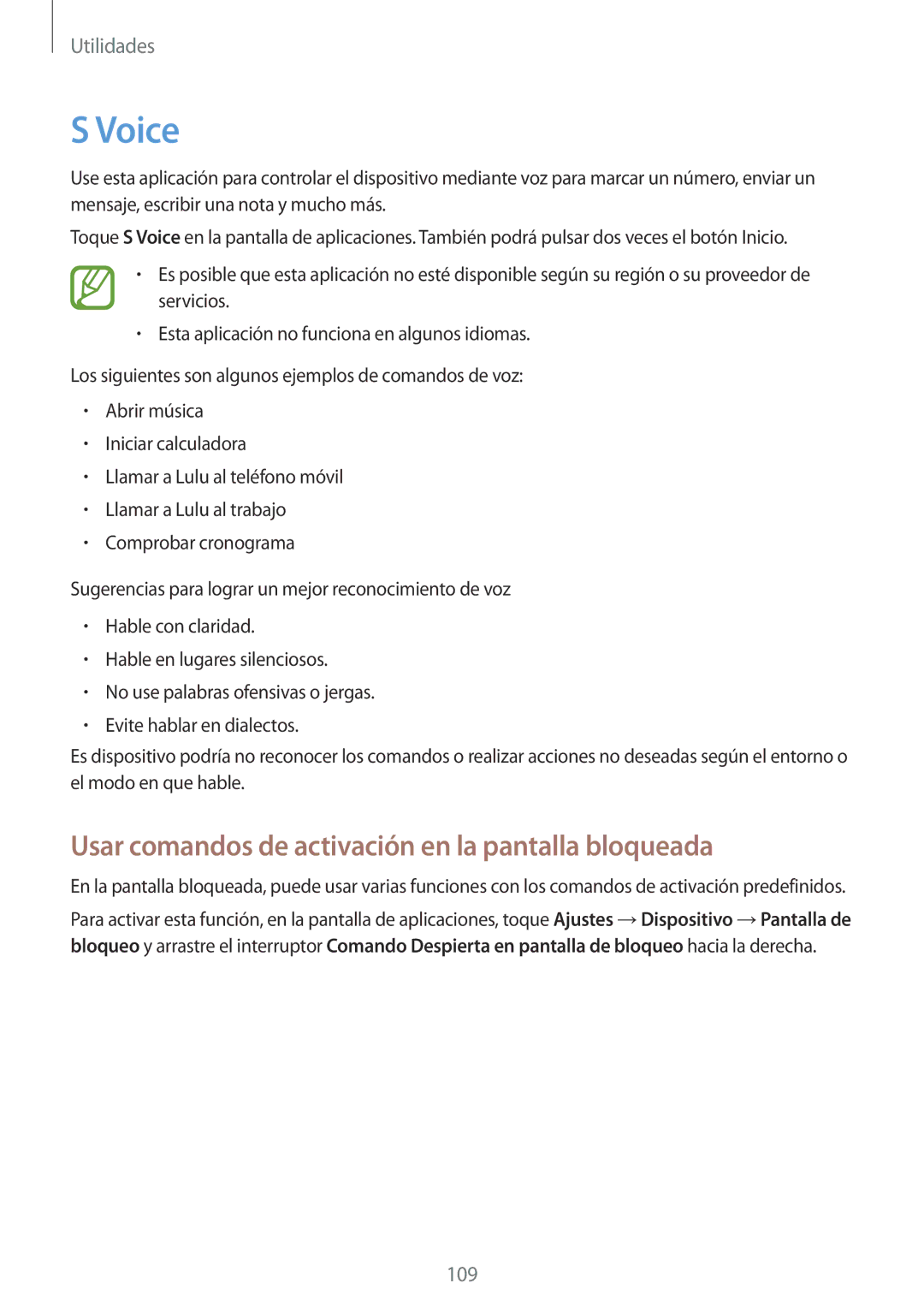 Samsung SM-P6050ZWEPHE, SM-P6050ZKATMN, SM-P6050ZWATPH manual Voice, Usar comandos de activación en la pantalla bloqueada 
