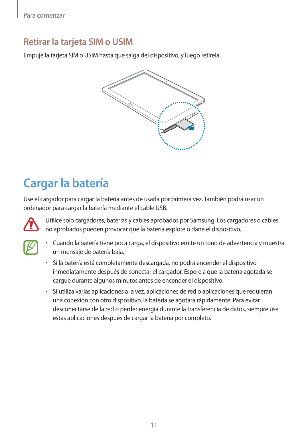 Samsung SM-P6050ZKAPHE, SM-P6050ZKATMN, SM-P6050ZWATPH, SM-P6050ZKADBT manual Cargar la batería, Retirar la tarjeta SIM o Usim 