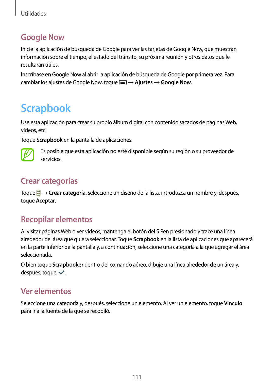 Samsung SM-P6050ZKEPHE, SM-P6050ZKATMN manual Scrapbook, Google Now, Crear categorías, Recopilar elementos, Ver elementos 