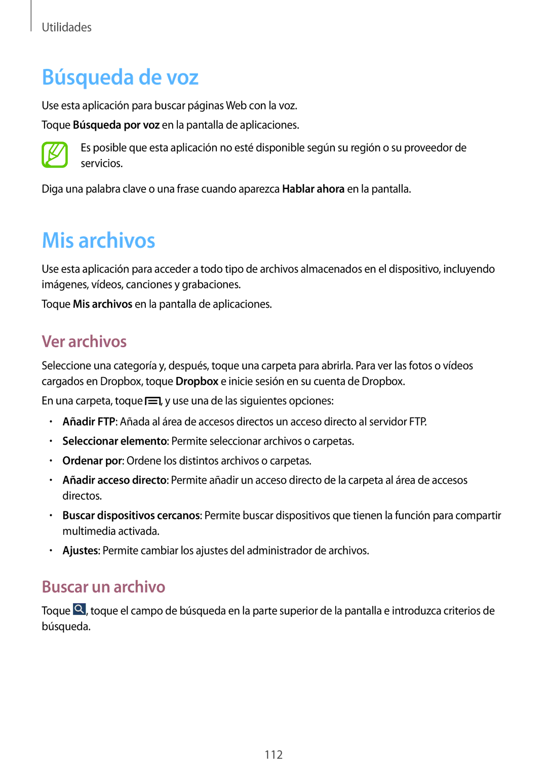 Samsung SM-P6050ZKATMN, SM-P6050ZWATPH, SM-P6050ZKADBT manual Búsqueda de voz, Mis archivos, Ver archivos, Buscar un archivo 