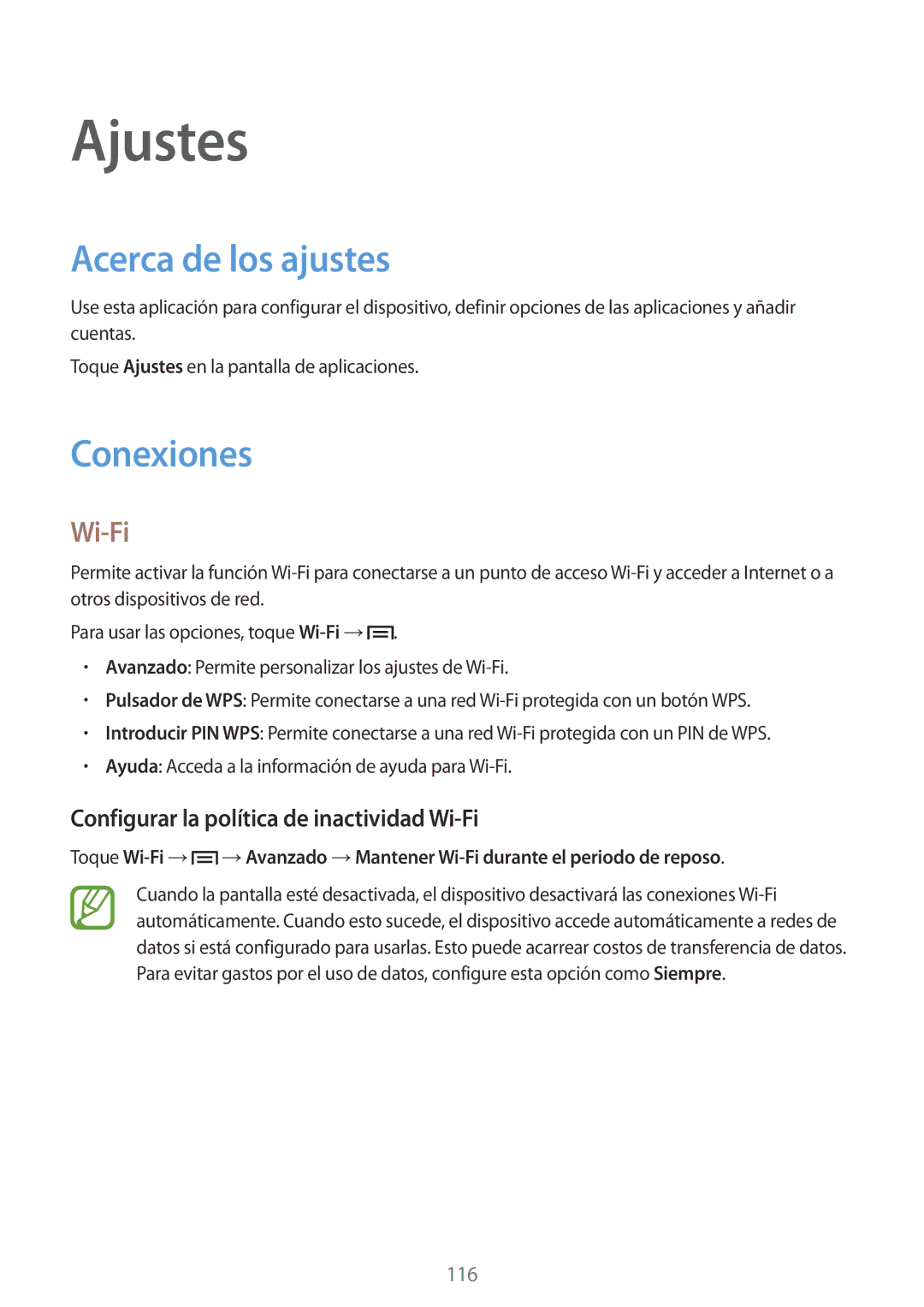 Samsung SM-P6050ZWAROM manual Ajustes, Acerca de los ajustes, Conexiones, Configurar la política de inactividad Wi-Fi 