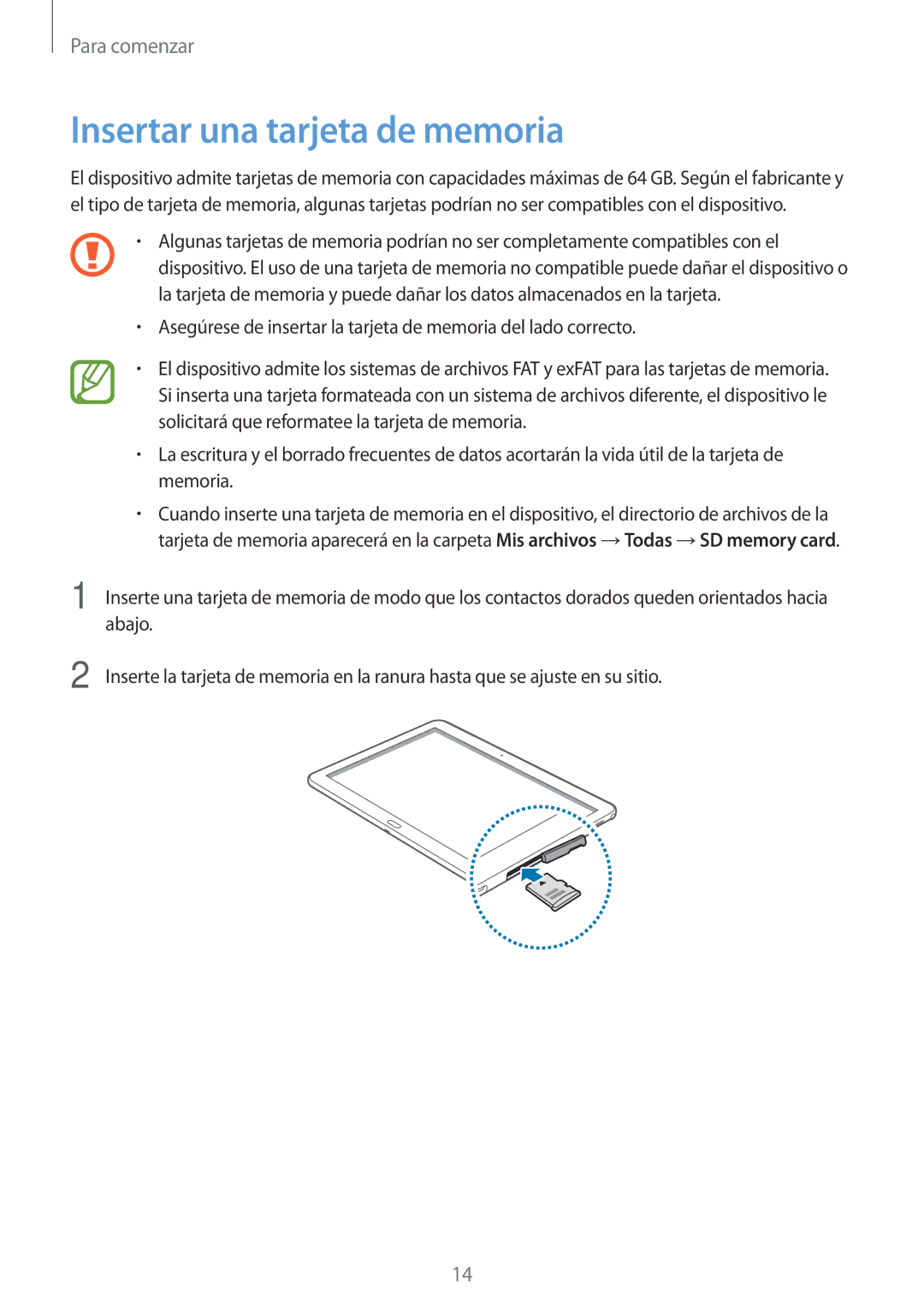 Samsung SM-P6050ZKAXEO, SM-P6050ZKATMN, SM-P6050ZWATPH, SM-P6050ZKADBT, SM-P6050ZKAPHE manual Insertar una tarjeta de memoria 