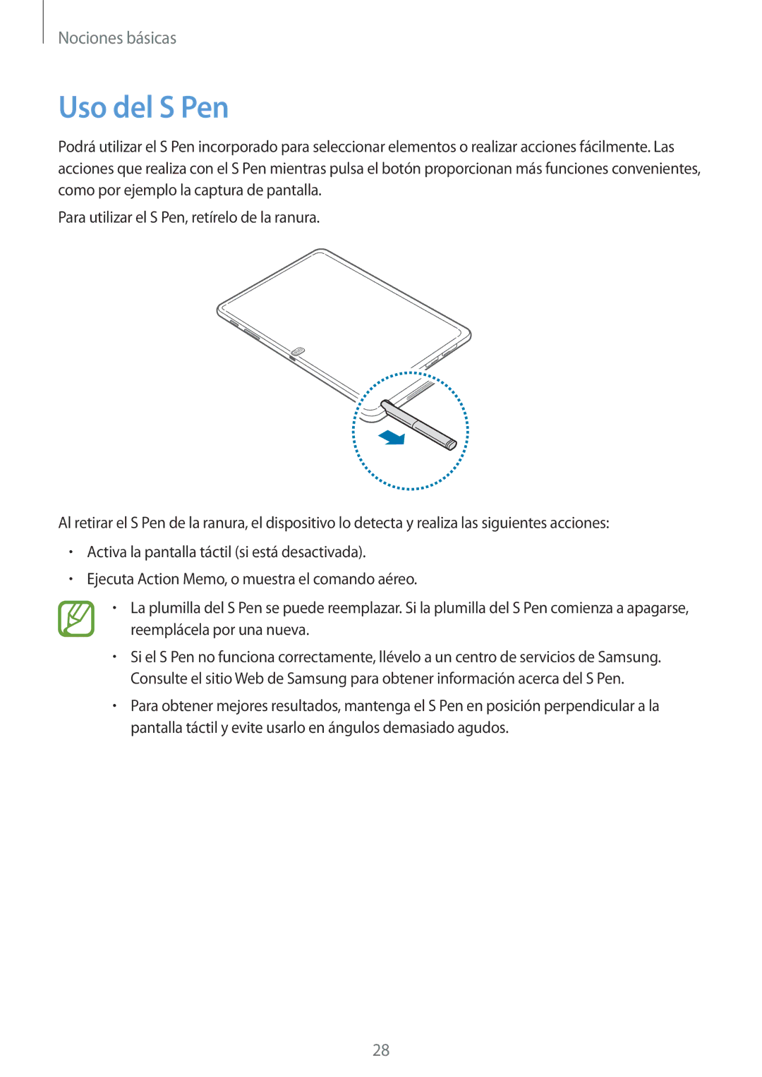 Samsung SM-P6050ZWAROM, SM-P6050ZKATMN, SM-P6050ZWATPH, SM-P6050ZKADBT, SM-P6050ZKAPHE, SM-P6050ZWEPHE manual Uso del S Pen 