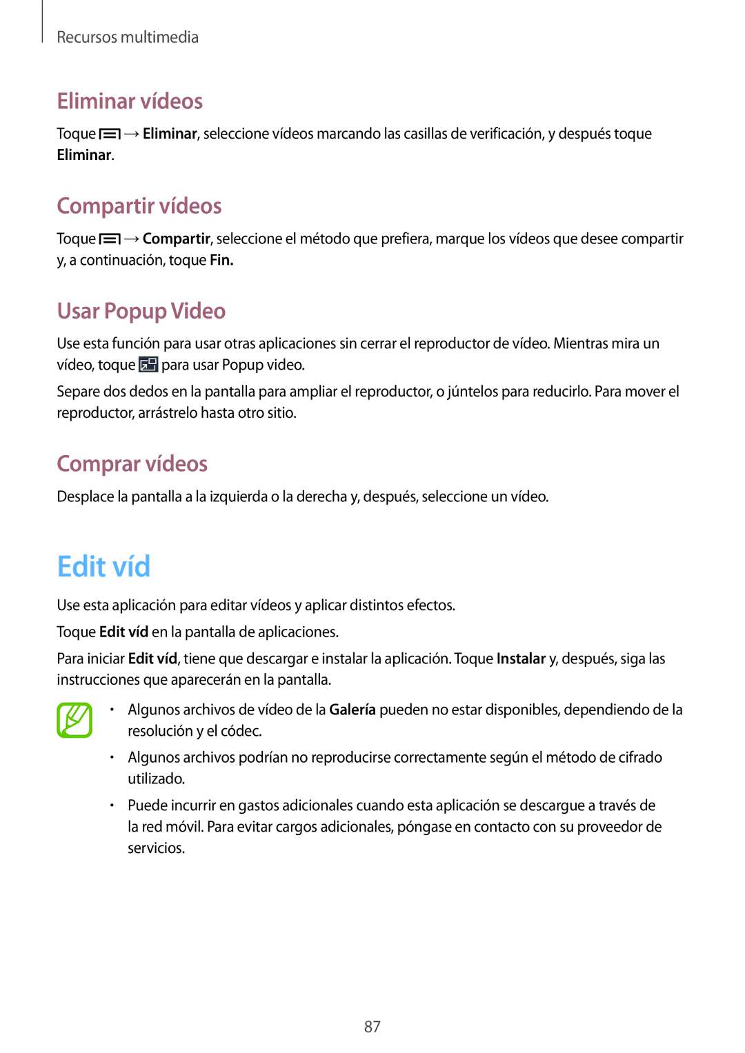 Samsung SM-P6050ZKEPHE, SM-P6050ZKATMN manual Edit víd, Eliminar vídeos, Compartir vídeos, Usar Popup Video, Comprar vídeos 