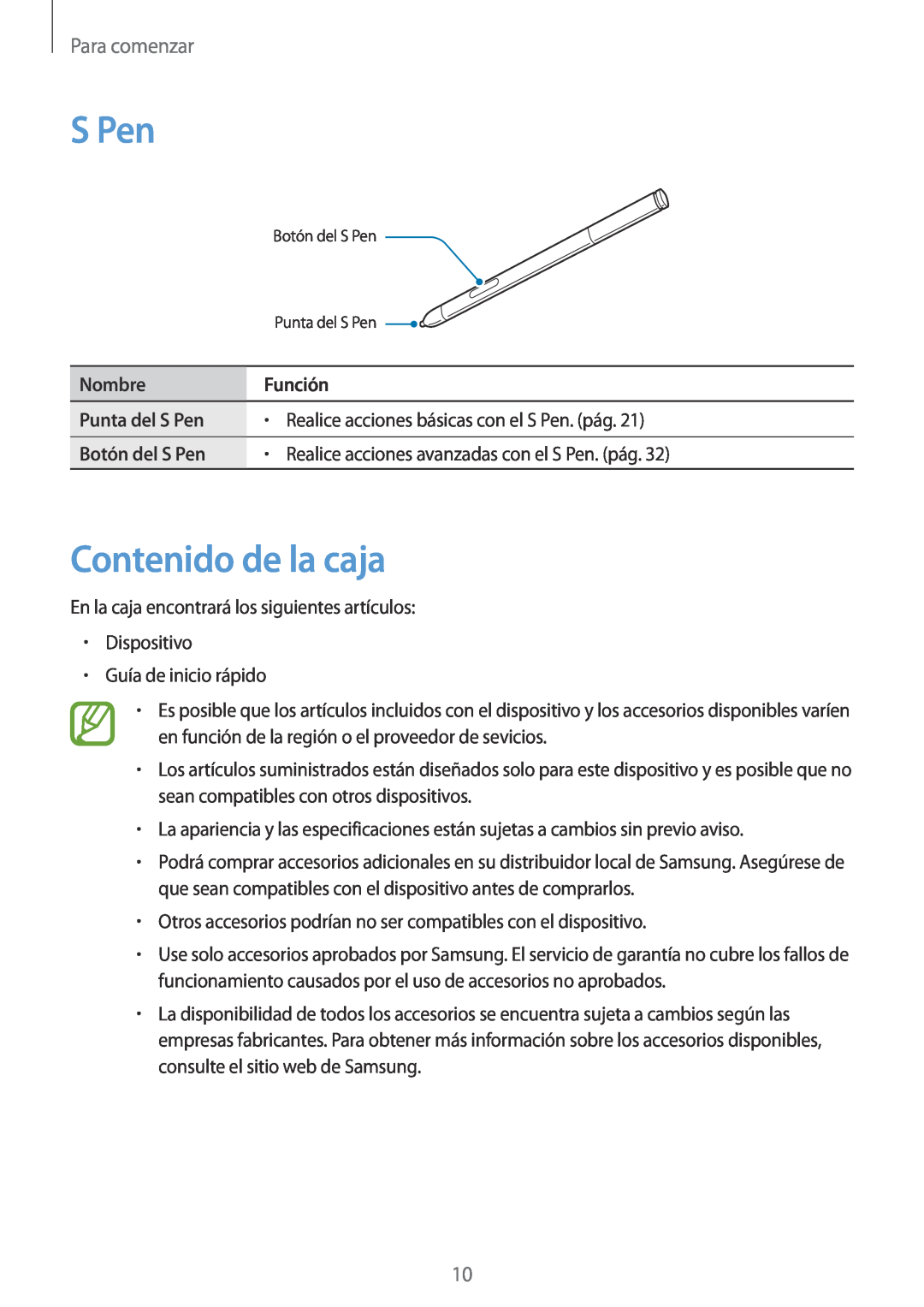 Samsung SM-P6050ZKADBT manual Contenido de la caja, Nombre, Punta del S Pen, Realice acciones básicas con el S Pen. pág 