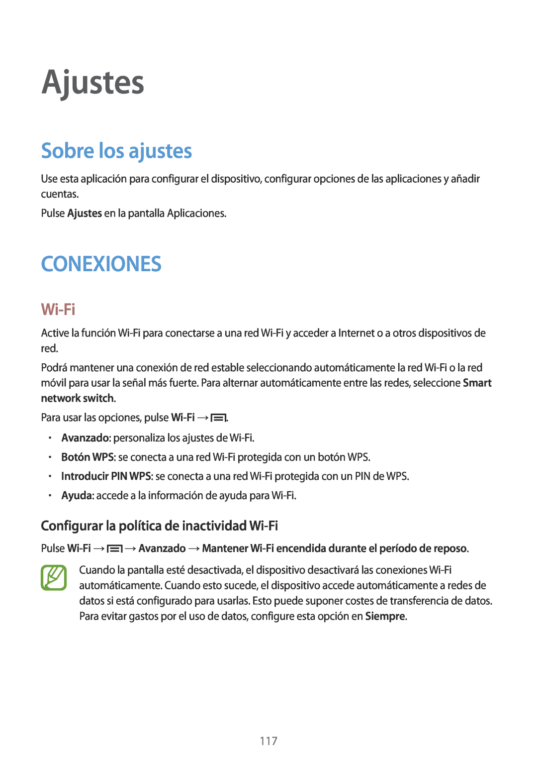 Samsung SM-P6050ZWEPHE manual Ajustes, Sobre los ajustes, Conexiones, Configurar la política de inactividad Wi-Fi 