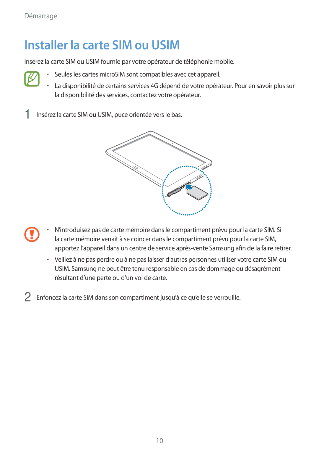 Samsung SM-P6050ZKAXEF, SM-P6050ZWAXEF manual Installer la carte SIM ou Usim 