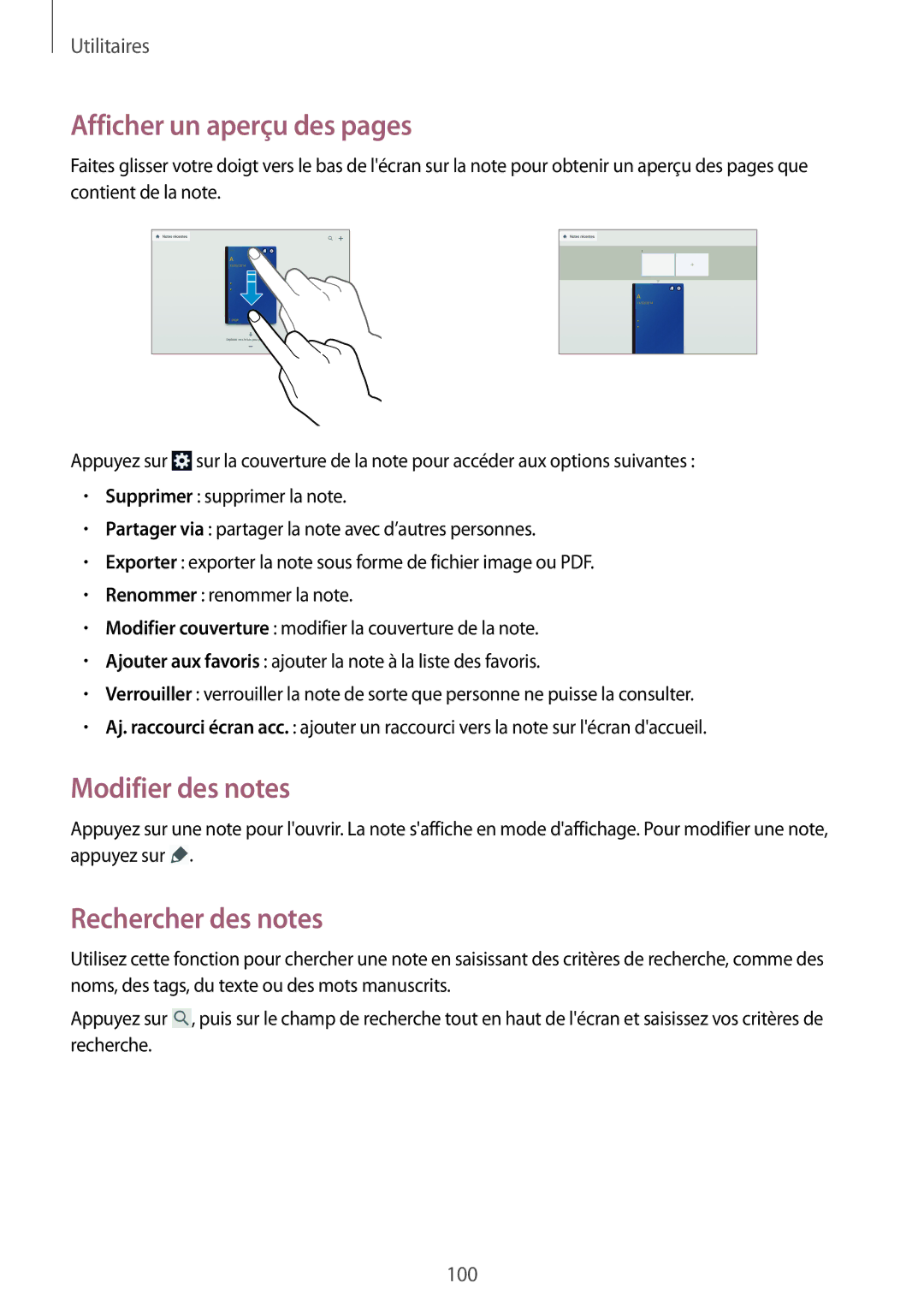 Samsung SM-P6050ZKAXEF, SM-P6050ZWAXEF manual Afficher un aperçu des pages, Modifier des notes, Rechercher des notes 