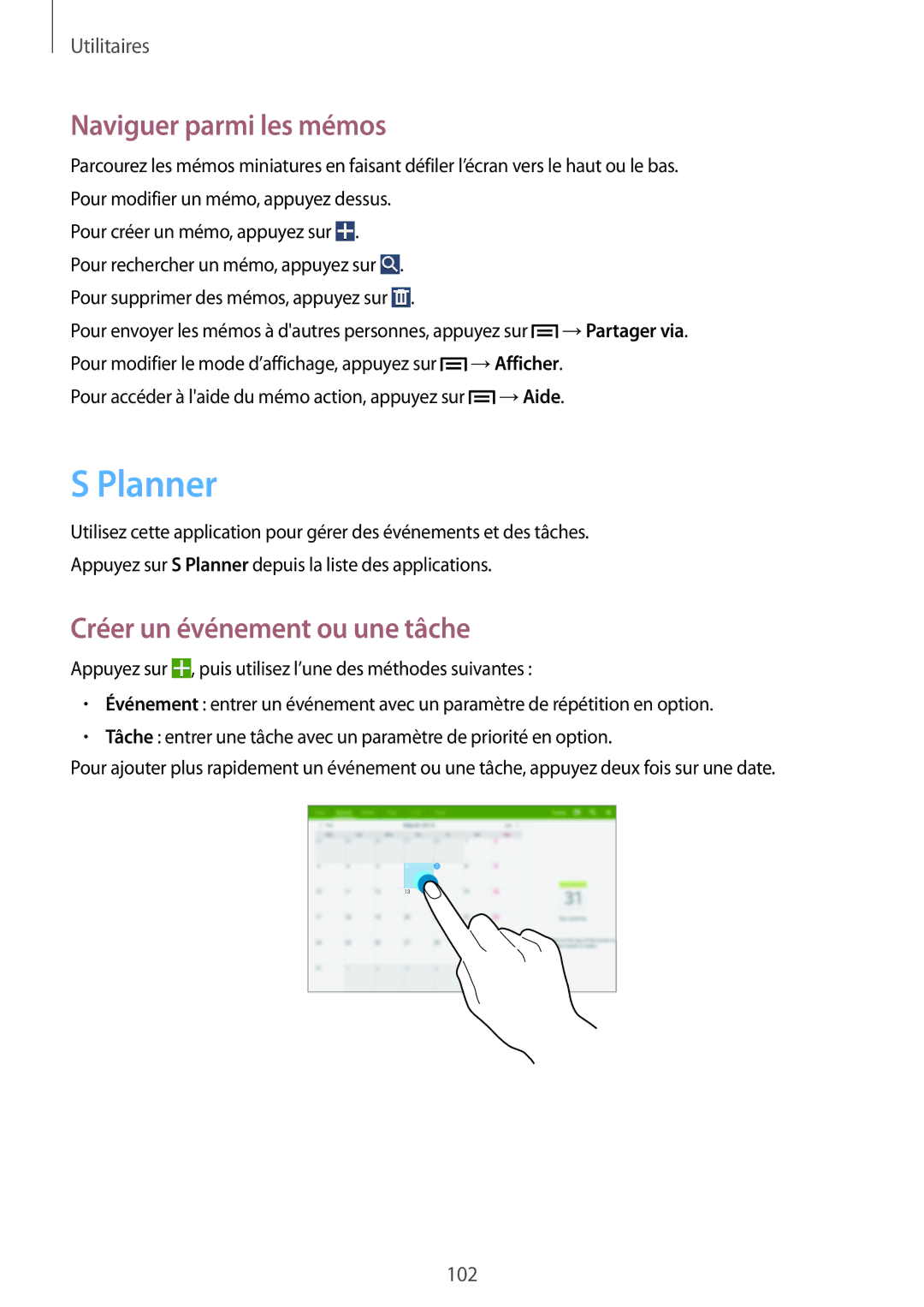 Samsung SM-P6050ZKAXEF, SM-P6050ZWAXEF manual Planner, Naviguer parmi les mémos, Créer un événement ou une tâche 