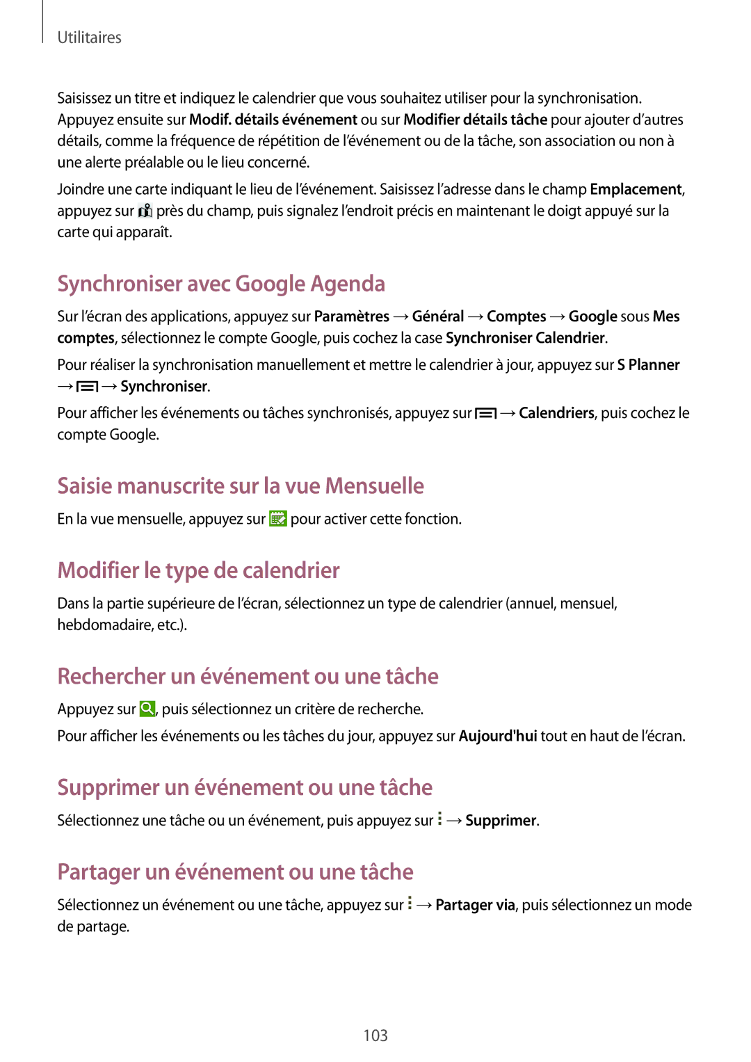 Samsung SM-P6050ZWAXEF, SM-P6050ZKAXEF manual Synchroniser avec Google Agenda, Saisie manuscrite sur la vue Mensuelle 