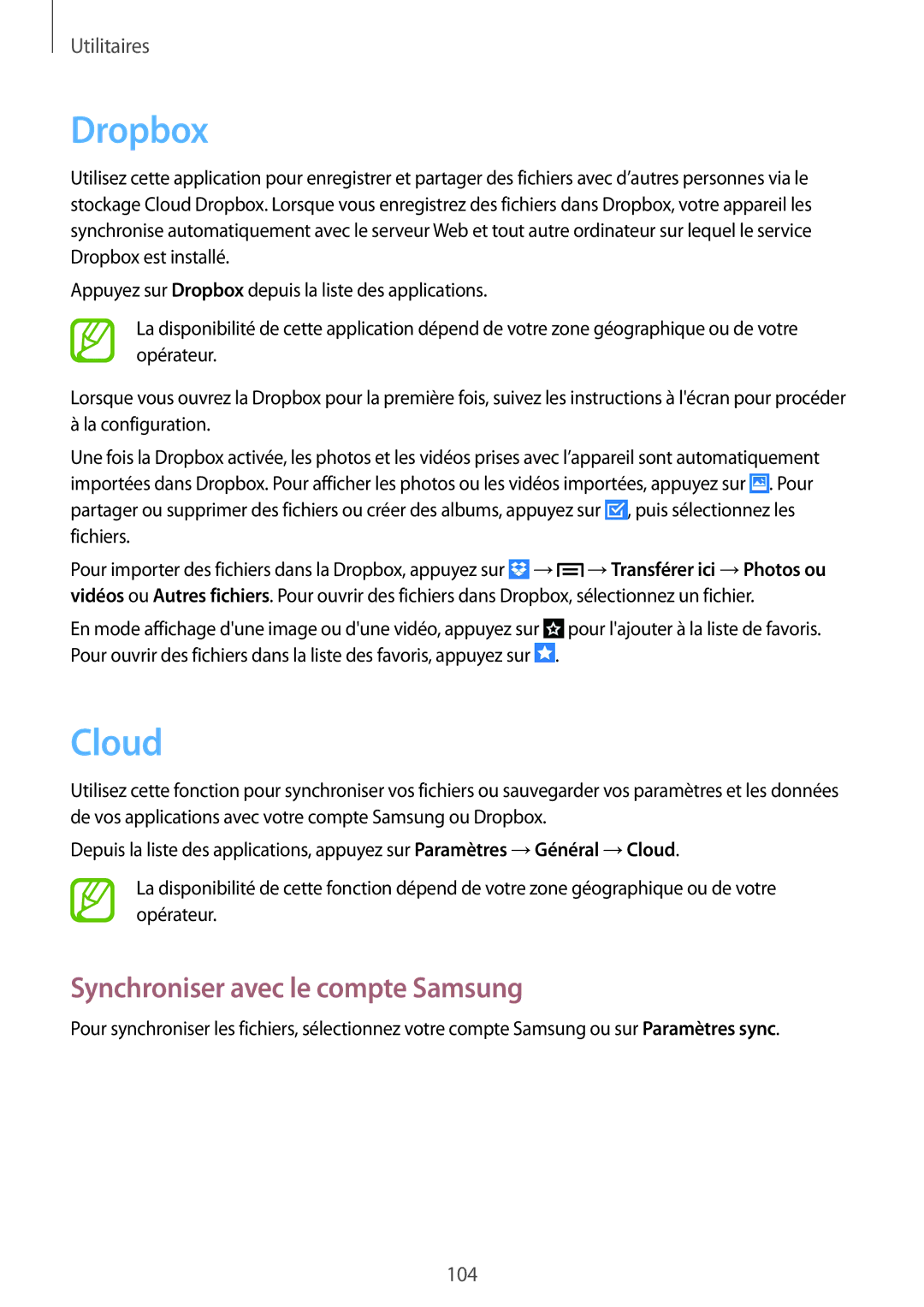 Samsung SM-P6050ZKAXEF, SM-P6050ZWAXEF manual Dropbox, Cloud, Synchroniser avec le compte Samsung 