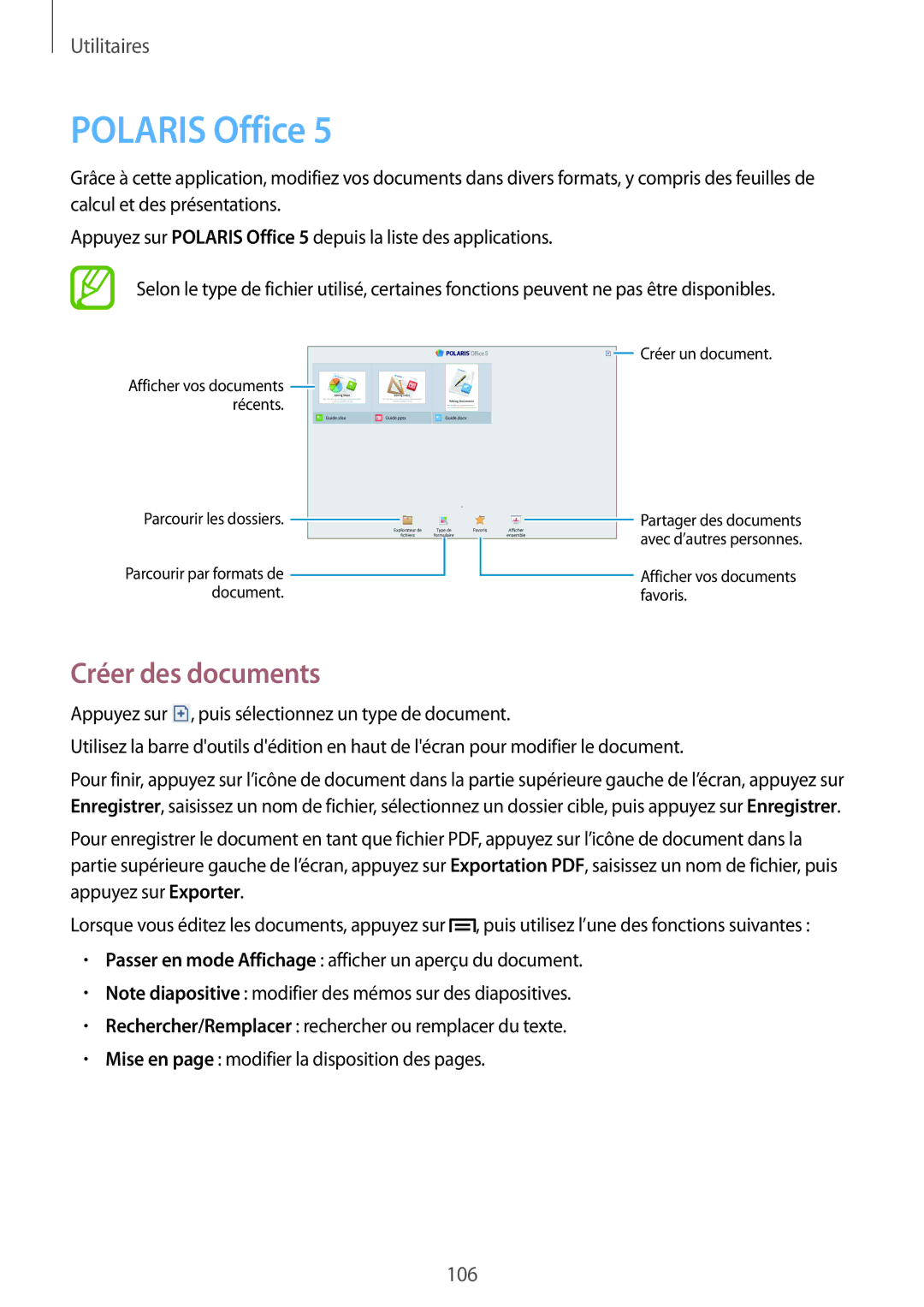 Samsung SM-P6050ZKAXEF, SM-P6050ZWAXEF manual Polaris Office, Créer des documents 