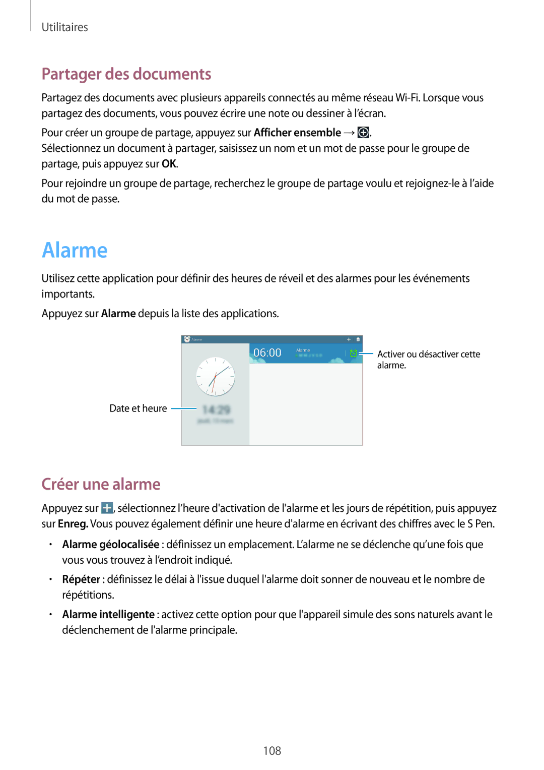 Samsung SM-P6050ZKAXEF, SM-P6050ZWAXEF manual Alarme, Partager des documents, Créer une alarme 