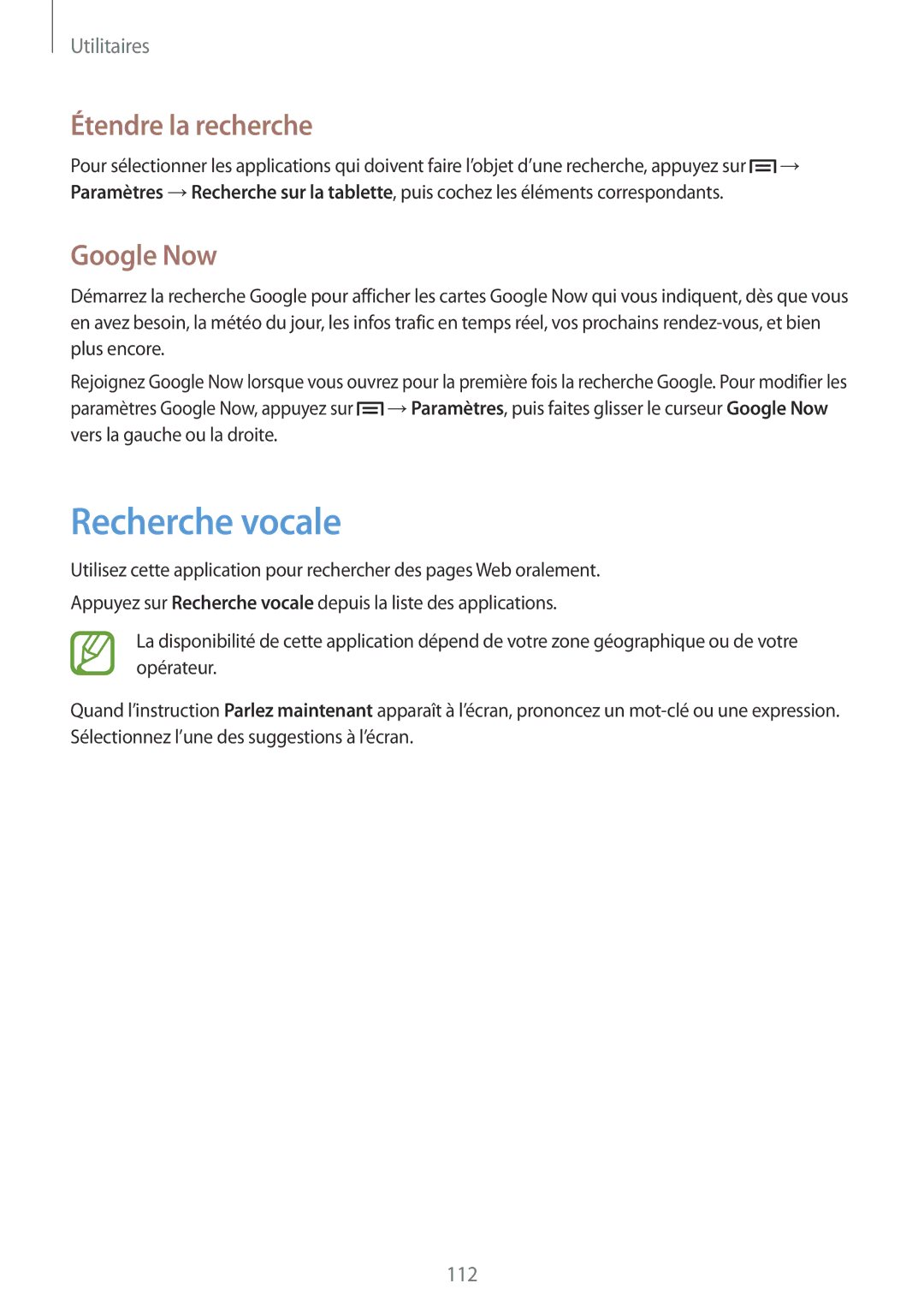 Samsung SM-P6050ZKAXEF, SM-P6050ZWAXEF manual Recherche vocale, Étendre la recherche, Google Now 