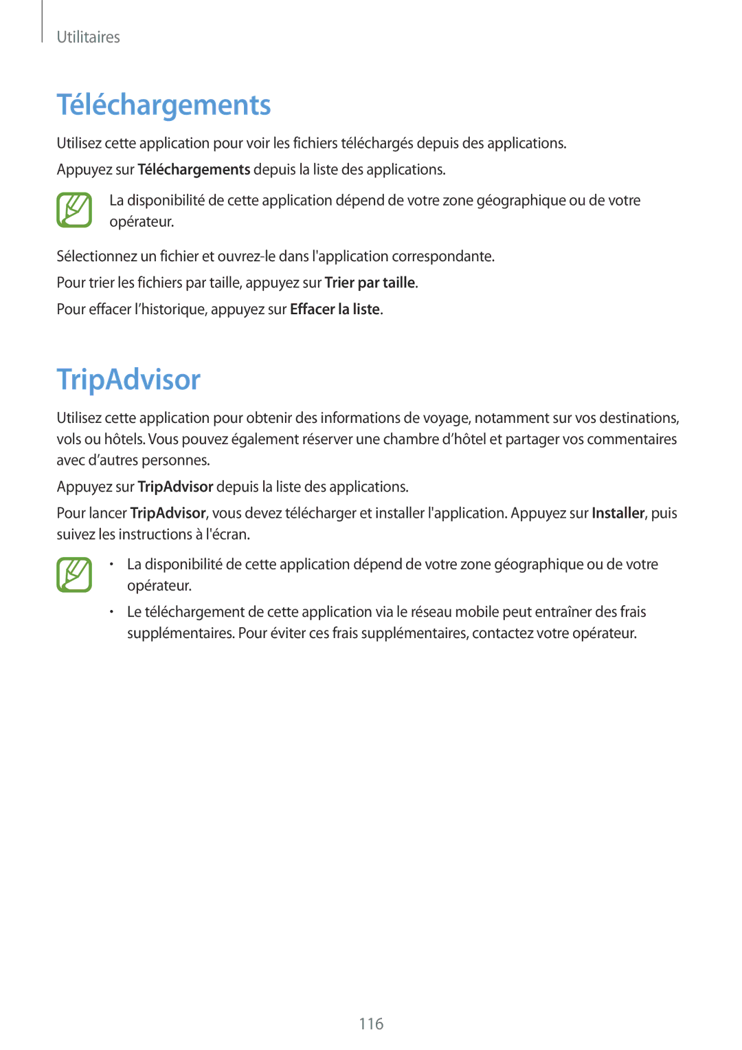 Samsung SM-P6050ZKAXEF, SM-P6050ZWAXEF manual Téléchargements, TripAdvisor 