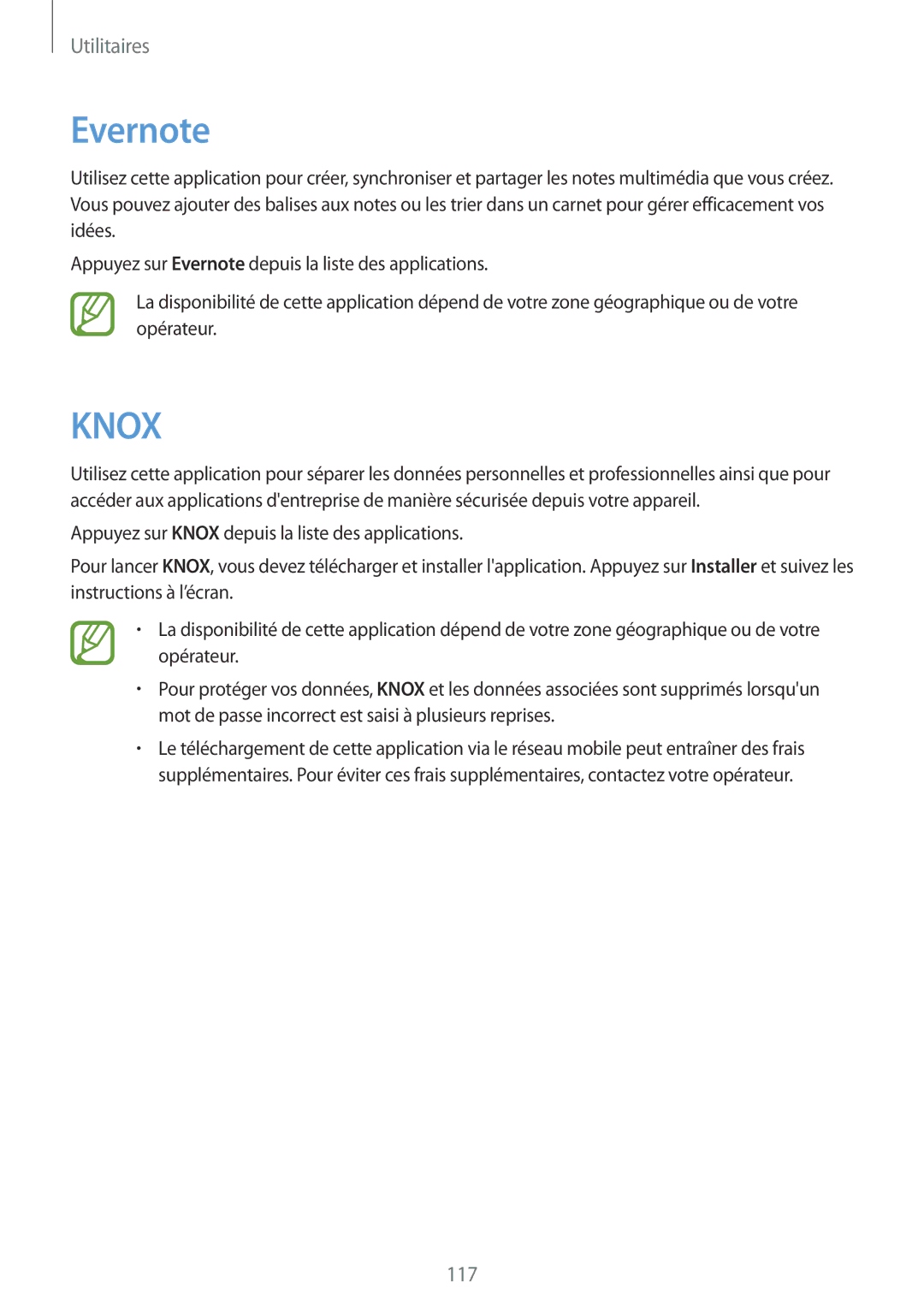 Samsung SM-P6050ZWAXEF, SM-P6050ZKAXEF manual Evernote, Knox 