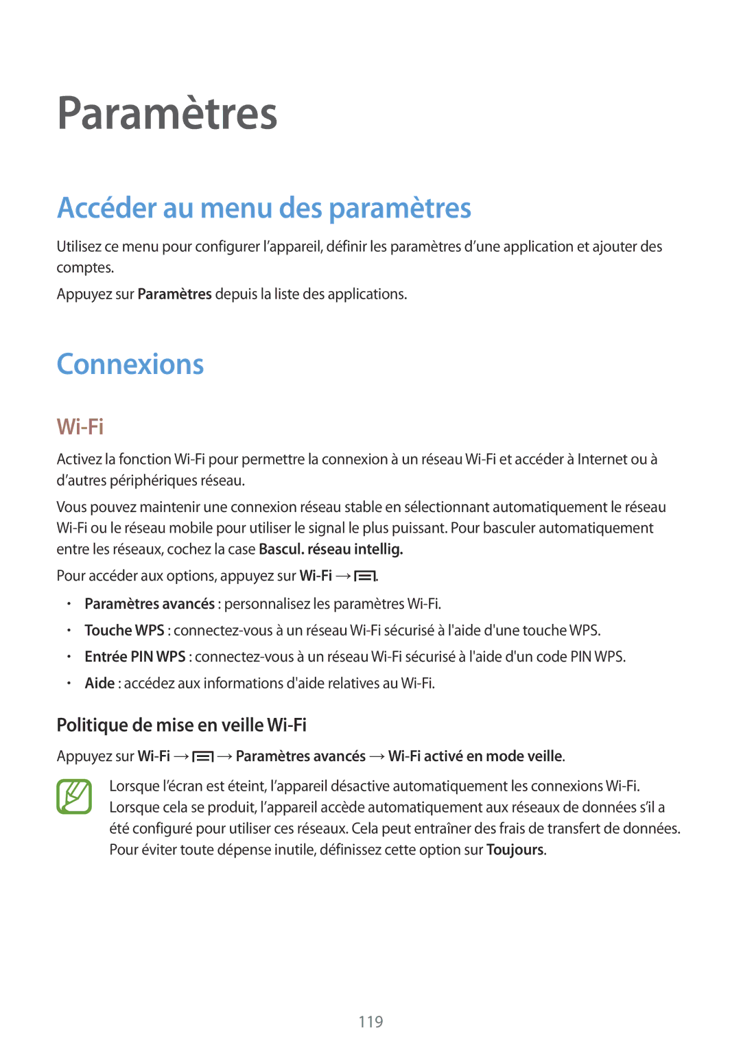 Samsung SM-P6050ZWAXEF, SM-P6050ZKAXEF Accéder au menu des paramètres, Connexions, Politique de mise en veille Wi-Fi 