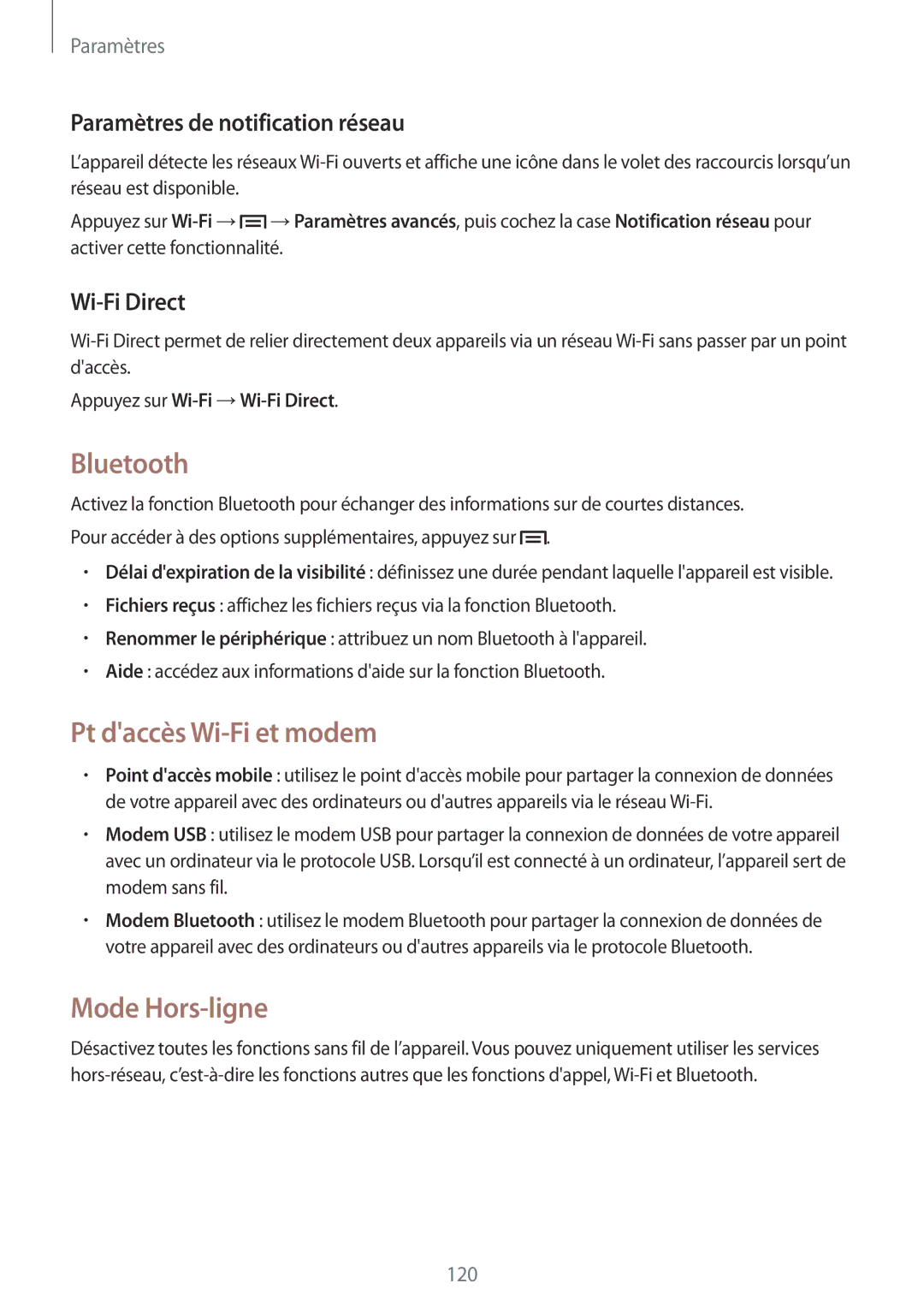 Samsung SM-P6050ZKAXEF manual Bluetooth, Pt daccès Wi-Fi et modem, Mode Hors-ligne, Paramètres de notification réseau 