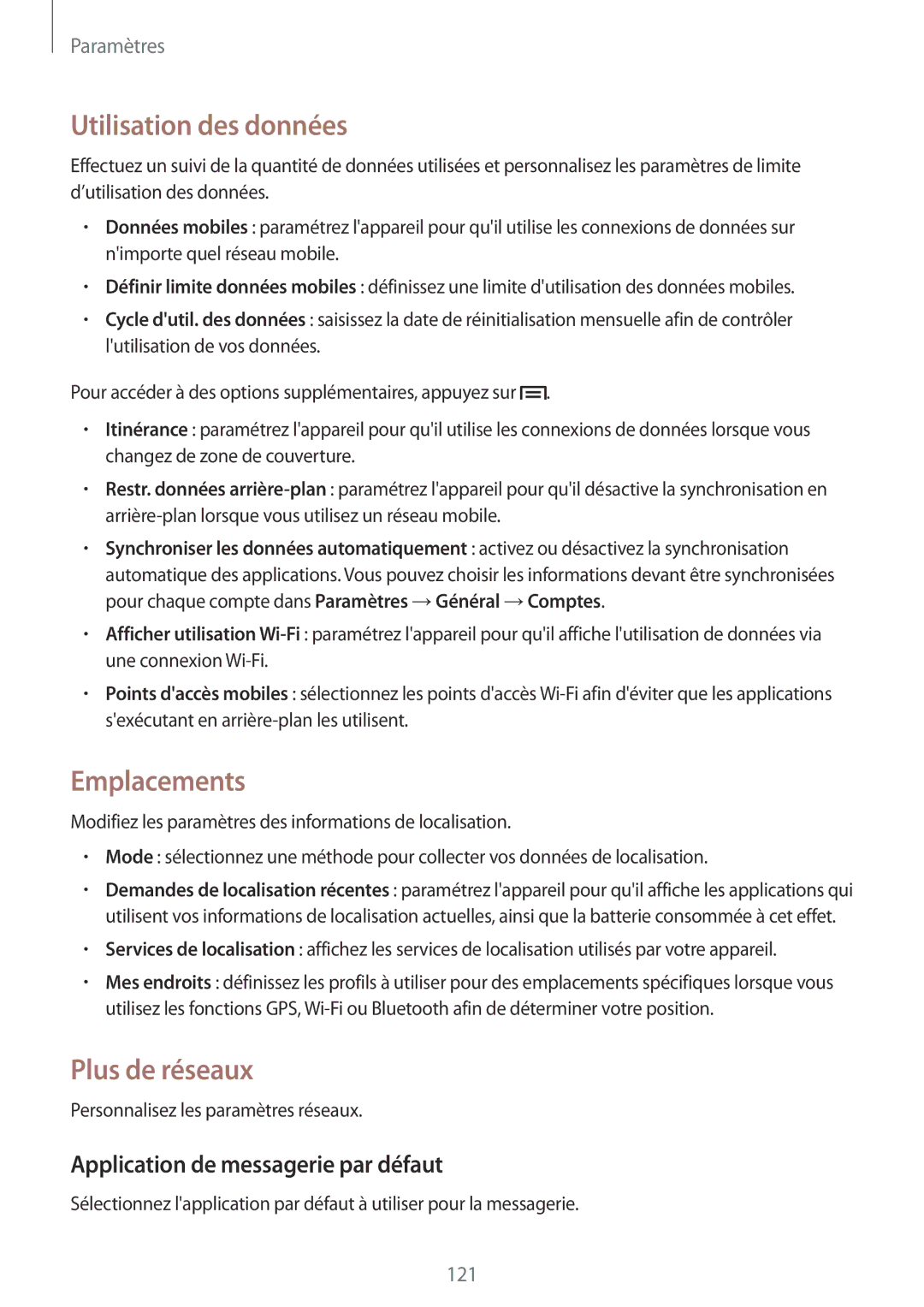 Samsung SM-P6050ZWAXEF manual Utilisation des données, Emplacements, Plus de réseaux, Application de messagerie par défaut 