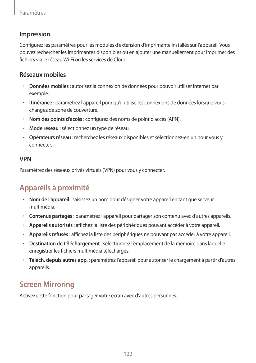 Samsung SM-P6050ZKAXEF, SM-P6050ZWAXEF manual Appareils à proximité, Screen Mirroring, Impression, Réseaux mobiles 